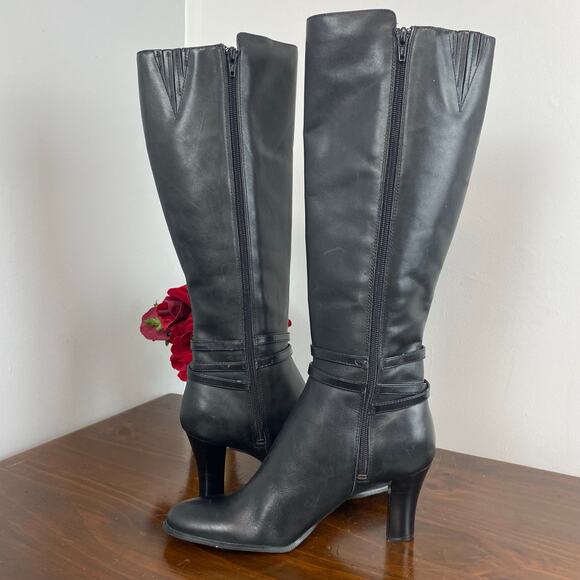 Apostrophe Women’s Black Leather Knee High Boots Size 8 Side Zip Buckle - Picture 7 of 8